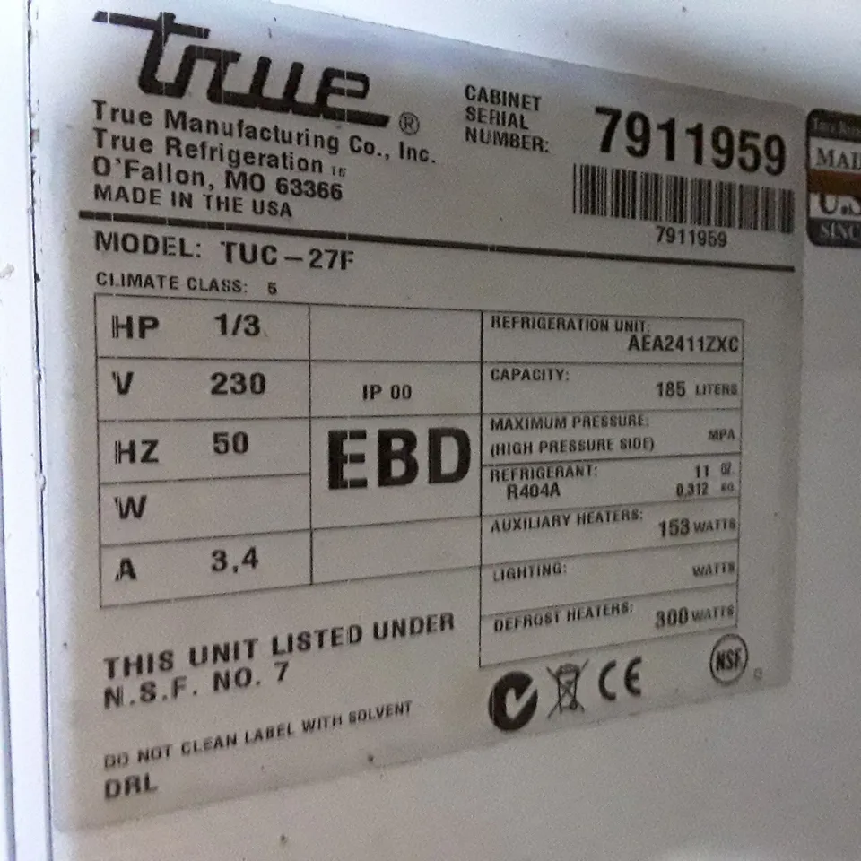 TRUE TUC-27F 185L REFRIDGERATED CABINET 