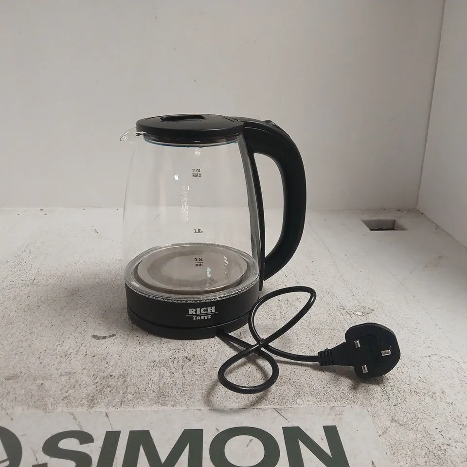RICH TASTE ELECTRIC KETTLE, GLASS JUG WITH BLACK BASE AND UK PLUG UNBOXED