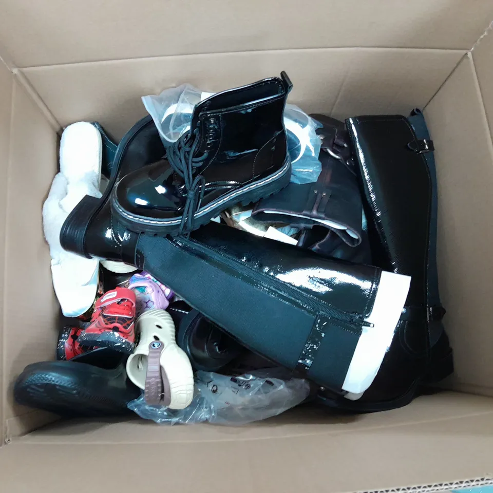 BOX OF APPROXIMATELY 12 PAIRS OF ASSORTED SHOES IN VARIOUS STYLES, COLOURS AND SIZES