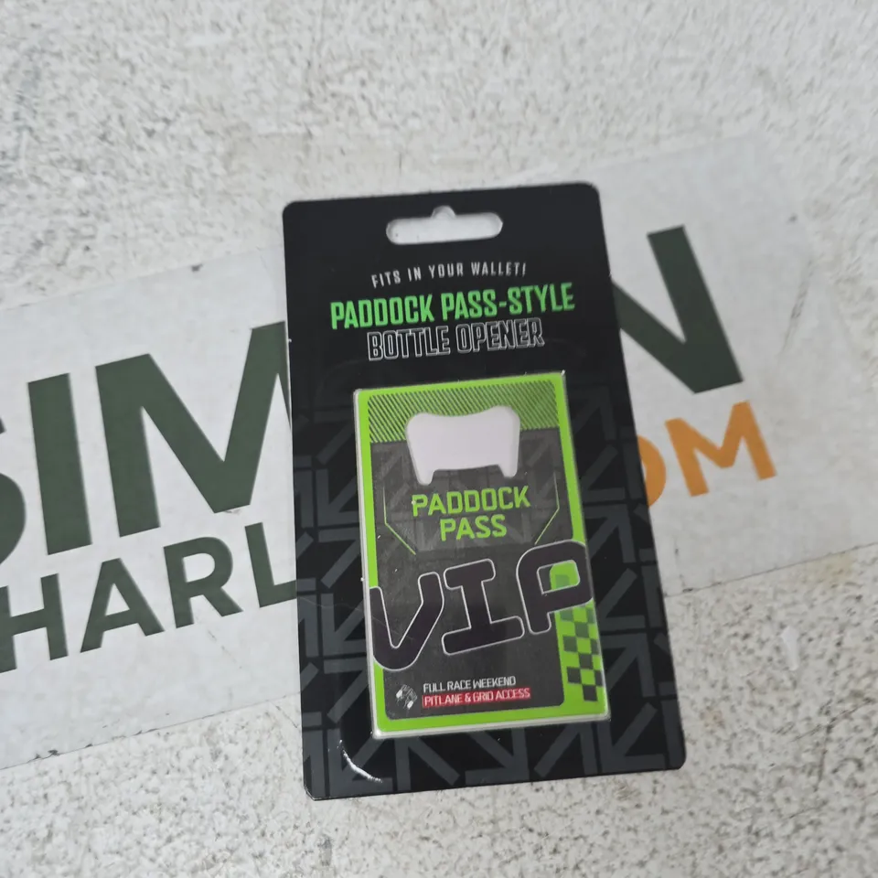 TOTE OF APPROXIMATELY 14 ASSORTED ITEMS TO INCLUDE: PADDOCK PASS STYLE BOTTLE OPENER