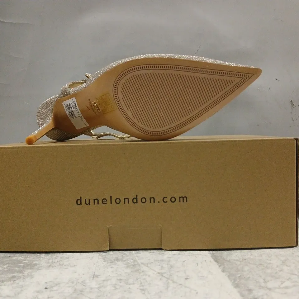BOXED PAIR OF DUNE LONDON 398 CHANNEL POINTED TOE HIGH HEELS IN GOLD GLITTER SIZE EU 38