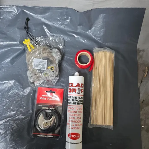 APPROXIMATELY 15 ASSORTED HOUSEHOLD ITEMS TO INCLUDE SKEWERS, GENERAL PURPOSE ADHESIVE, CAT TOY, PAD LOCK, ASSORTED RIBBONS
