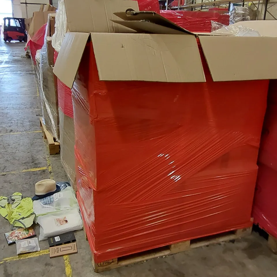 PALLET OF ASSORTED ITEMS INCLUDING: DOG POOL, HAT, CLOTHING, DOG JACKET, DVD, DISPOSABLE BED SHEETS, PHONE CASE, PHONE SCREEN PROTECTOR, BALLOONS 