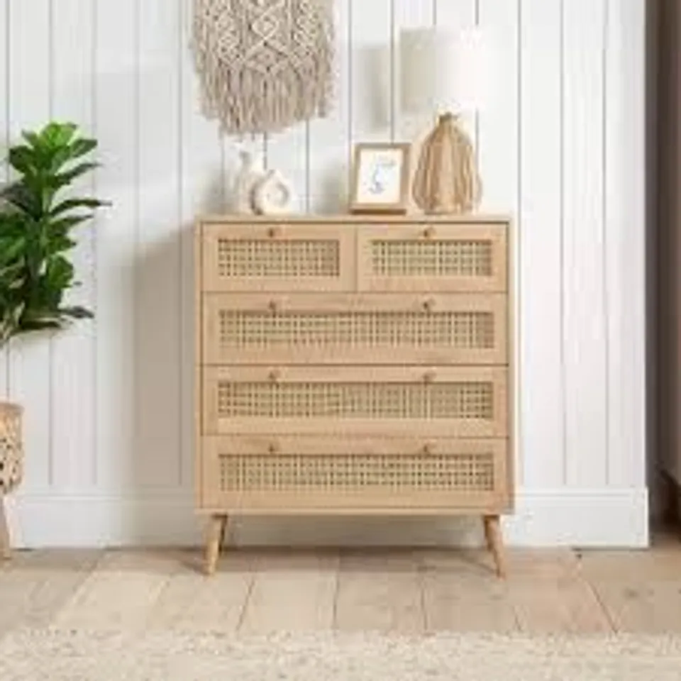 BOXED CROXLEY 5 DRAWER RATTAN CHEST - OAK (2 BOXES)