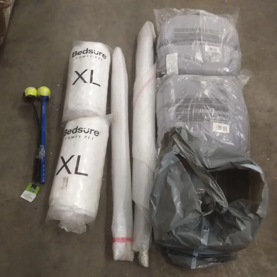 PALLET OF ASSORTED ITEMS INCLUDING BEDSURE COMPFY PET BED XL, KINGDOM BALL LAUNCHER, CHICCO BABY STROLLER, JOY@TOY HAPPY NIPPERS, PHILLIPS MASTER TURBO FLUORESCENT, PROTECTIONRACKET 
