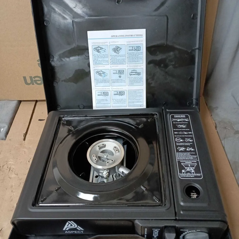 ASPECT PORTABLE CAMPING STOVE BOXED, IN BLACK CARRY CASE.