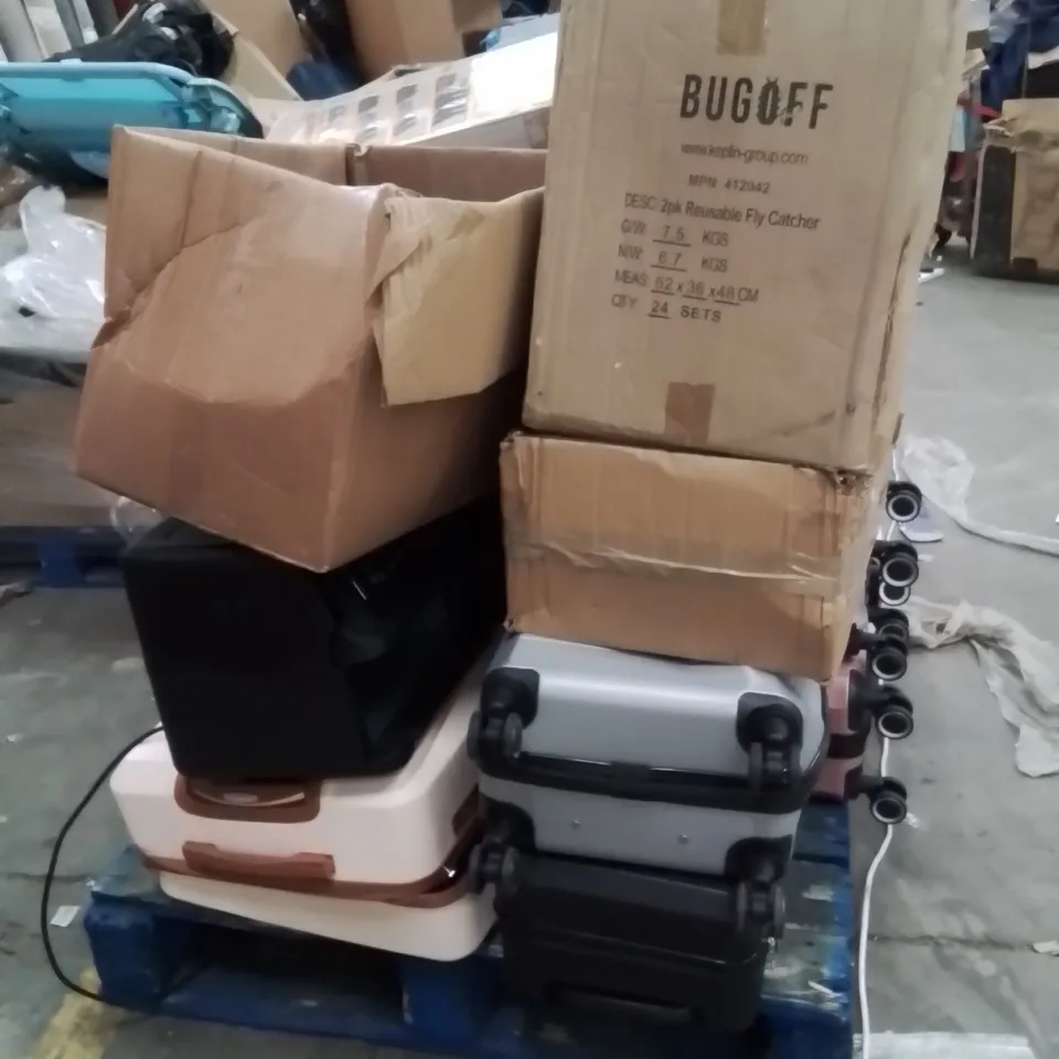 PALLET OF SUITCASES AND OTHER HOUSEHOLD GOODS TO INCLUDE;SHOE RACKS,AIRFRYER
