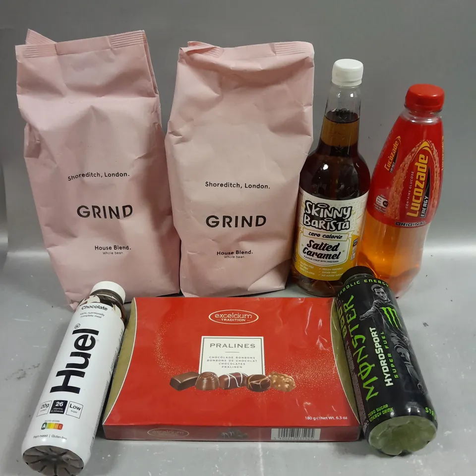 7 X ASSORTED FOOD/DRINK PRODUCTS TO INCLUDE GRIND COFFEE, MONSTER HYDROSPORT, SKINNY BARISTA SALTED CARAMEL ETC 