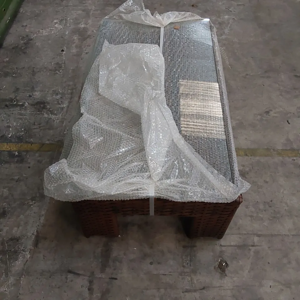 DESIGNER SMALL CHOCOLATE MIX RATTAN COFFEE TABLE WITH GLASS TOP