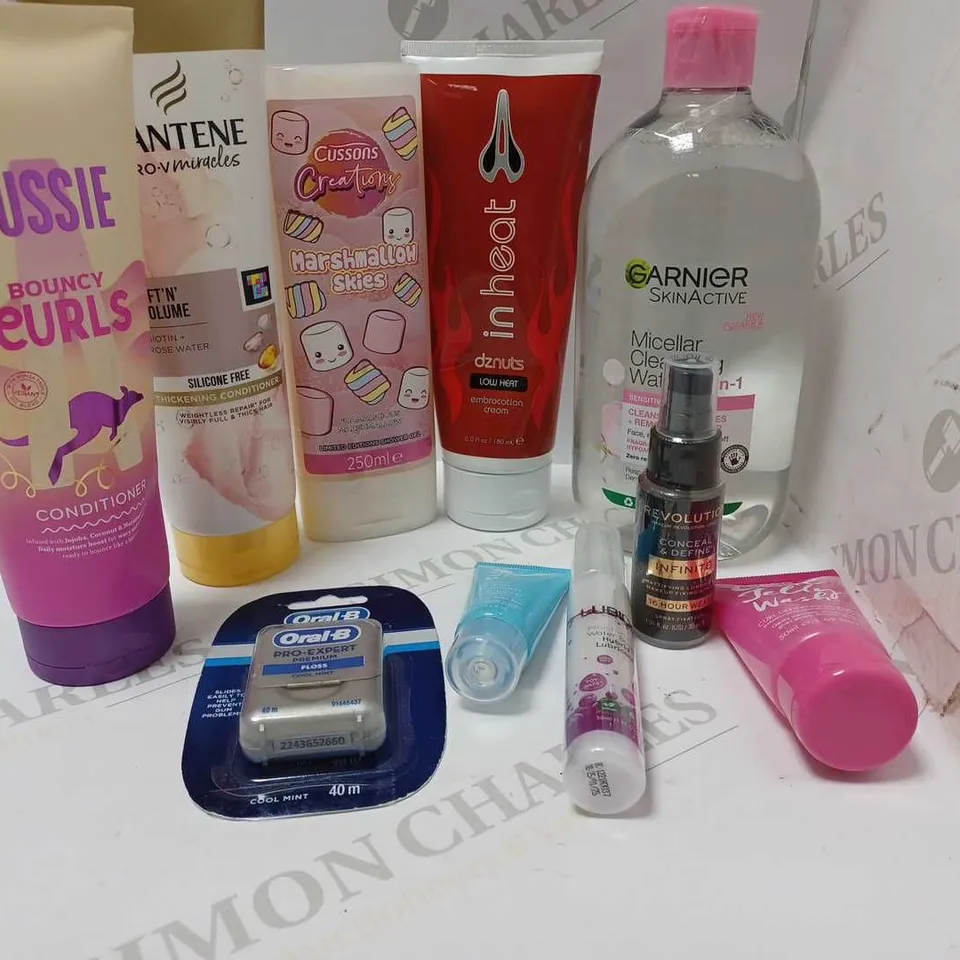 LOT OF TEN TO INCLUDE AUSSIE CONDITIONER , GARNIER MICELLAR WATER AND ORAL-B FLOSS