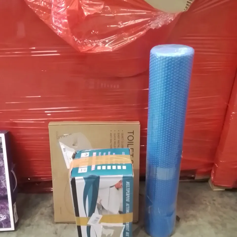 PALLET OF ASSORTED HOUSEHOLD GOODS AND PRODUCTS TO INCLUDE;YOGA MAT,TOILET SEAT,ARM REST BOX