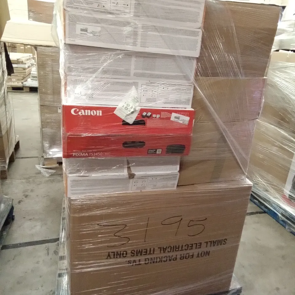 PALLET OF ASSORTED ELECTRONICS INCLUDING ONN WIRED KEYBOARD, CANON PIXMA PRINTER, 1.8M MICRO USB TO USB-A CABLE, JVC HEADPHONES, JUICE SOCIAL PERFECT GLOW RING LIGHT, MIXX WIRELESS EARPHONES