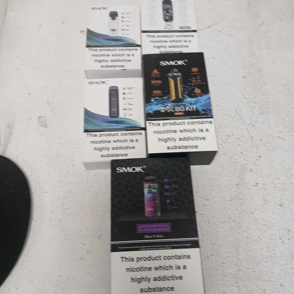 BOX OF APPROXIMATELY 35 ASSORTED E-CIGARETTES AND COMPONENTS TO INCLUDE:  ASSORTED SMOK DEVICE KITS 