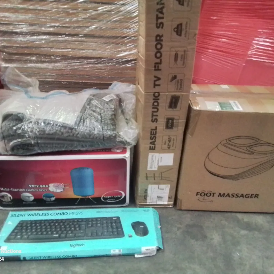 PALLET OF ASSORTED HOUSEHOLD AND ELECTRICAL ITEMS TO INCLUDE FOOT MASSAGER, WIRELESS KEYBOARD AND EASEL STUDIO TV FLOOR STAND