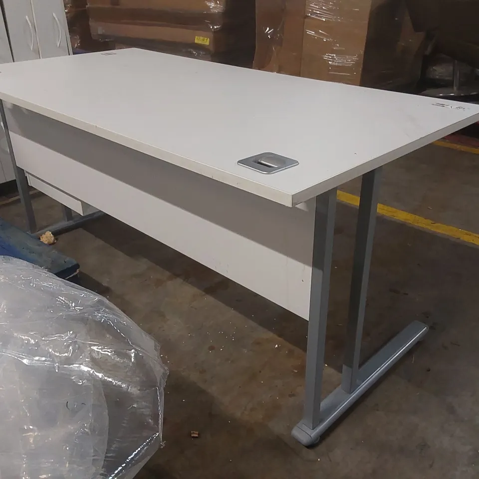WHITE WOODEN DESK WITH METAL LEGS AND 2 DRAWERS 