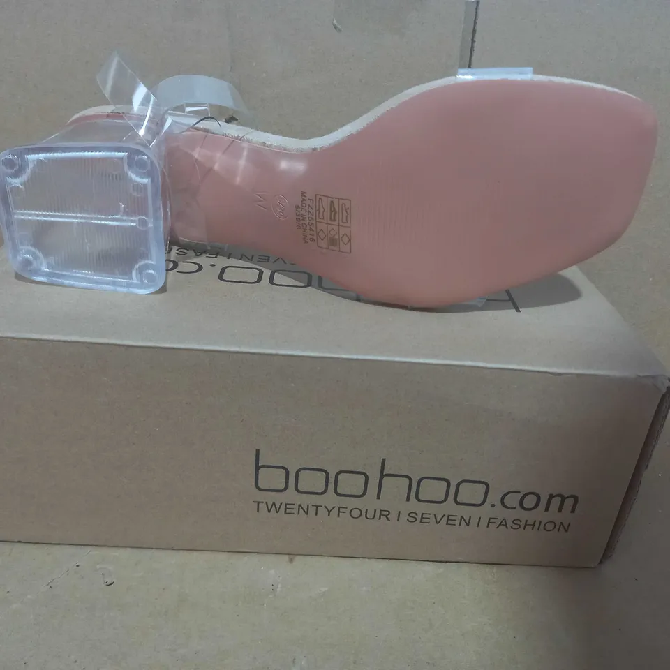 BOXED PAIR OF BOOHOO CLEAR HEELS UK SIZE 6
