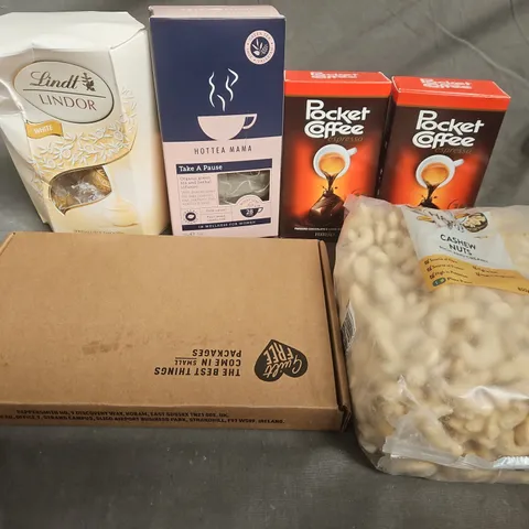 TOTE OF APPROXIMATELY 11 ASSORTED FOOD AND DRINK ITEMS TO INCLUDE POCKET COFFEE , LINDOR CHOCOLATE CASHEW NUTS , ETC