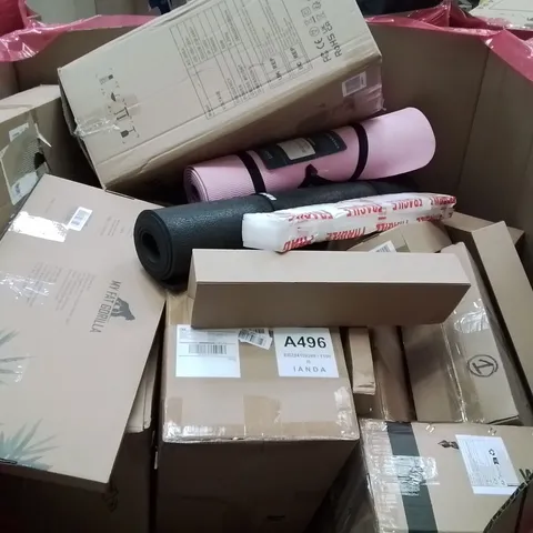 PALLET CONTAINING VARIOUS ASSORTED BOXED HOUSEHOLD ITEMS TO INCLUDE: AIR COOLER, ROLLING STOOL, CEILING FAN WITH LIGHT, YOGA MATS AND LOTS MORE UNMARKED BOXED ITEMS 