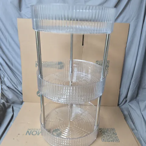 THREE-TIER RIBBED GLASS DISPLAY STAND WITH CHROME SUPPORTS