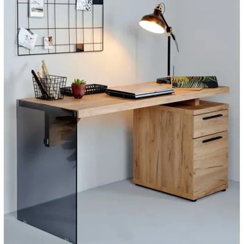 BOXED WATLINGTON DESK -OAK IMATATION/GREY GLASS- (2 BOXES)