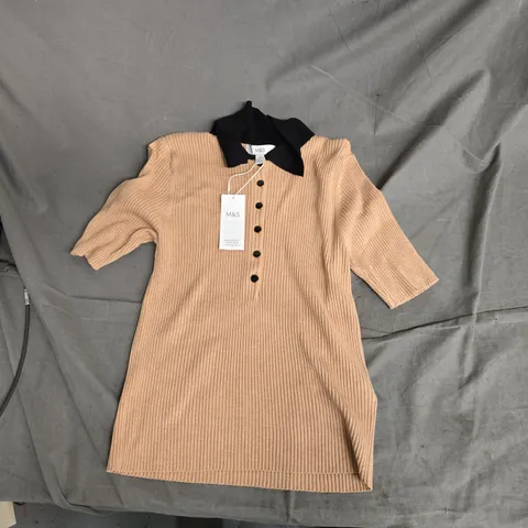 M&S BEIGE RIBBED KNIT DRESS WITH BLACK COLLAR