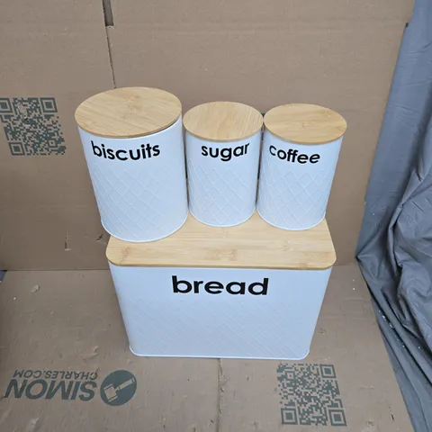 DENNY MATT WHITE KITCHEN CANISTER SET WITH BREAD BIN (4 CANISTERS: BISCUITS, SUGAR, COFFEE & TEA)