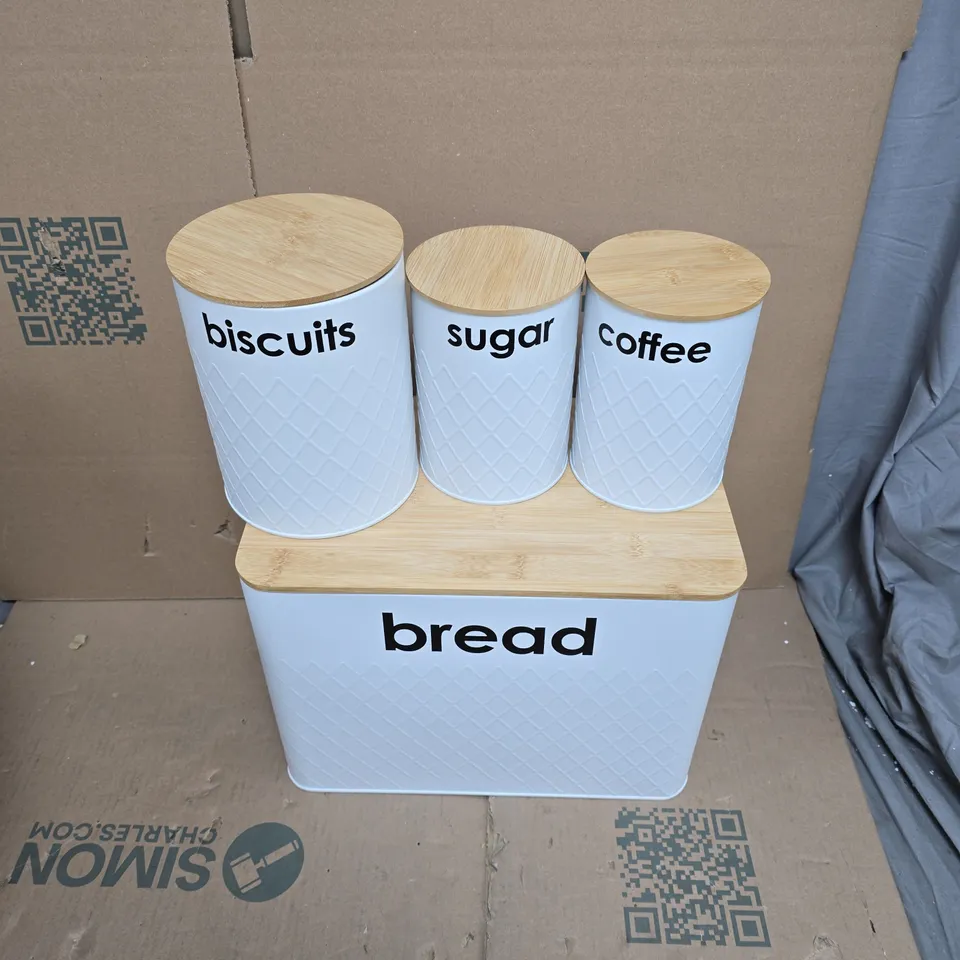 DENNY MATT WHITE KITCHEN CANISTER SET WITH BREAD BIN (4 CANISTERS: BISCUITS, SUGAR, COFFEE & TEA)