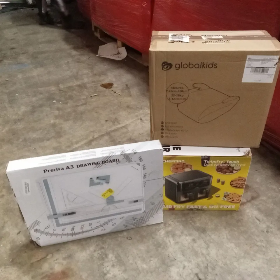 PALLET OF ASSORTED HOUSEHOLD GOODS AND PRODUCTS TO INCLUDE; A3 DRAWING BOARD, BOOSTER SEAT, AIR FRYER ETC