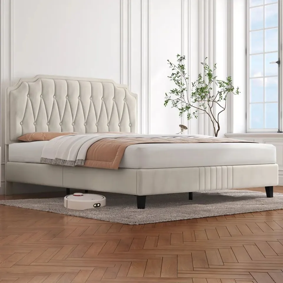 BOXED UPHOLSTERED BED FRAME WITH DIAMOND BUTTONS TUFTED HEADBOARD - BEIGE (2 BOXES)