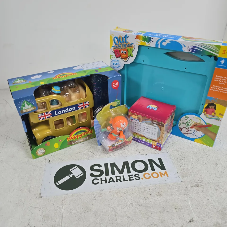 APPROXIMATELY 15 ASSORTED TOYS & GAMES PRODUCTS TO INCLUDE BUSY LITTLE HAMSTER, FART NINJAS, ELC HAPPYLAND LONDON BUS, ETC
