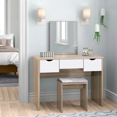 BOXED DERUN DRESSING TABLE SET WITH MIRROR - OAK/WHITE (1 BOX)