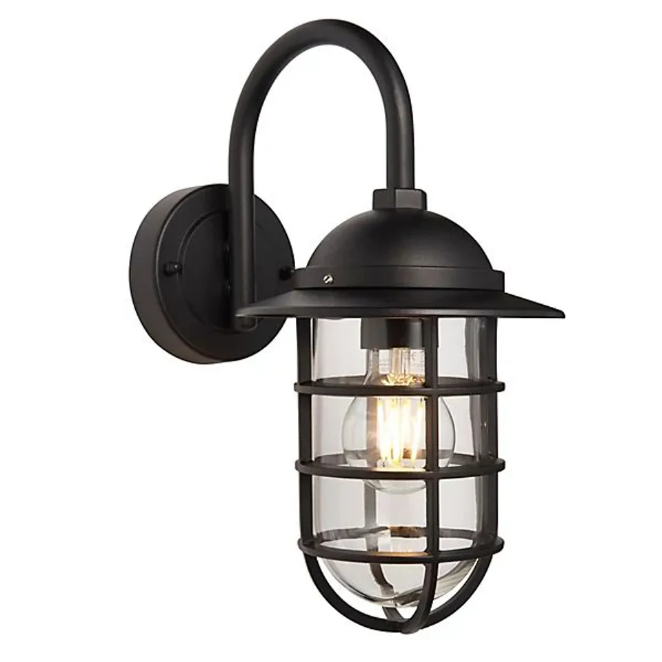 BOXED PALLION BLACK WITH CAGED CLEAR GLASS SHADE MODERN 1 LIGHT OUTDOOR WALL LIGHT