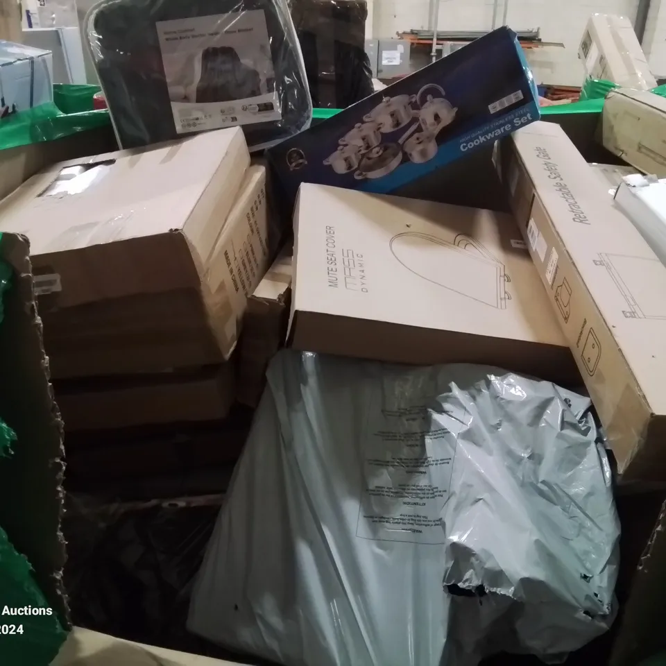 PALLET CONTAINING VARIOUS ASSORTED ITEMS TO INCLUDE: RETRACTABLE GATES, TOILET SEATS, COOKWARE SET, HEATED THROW BLANKET ETC.