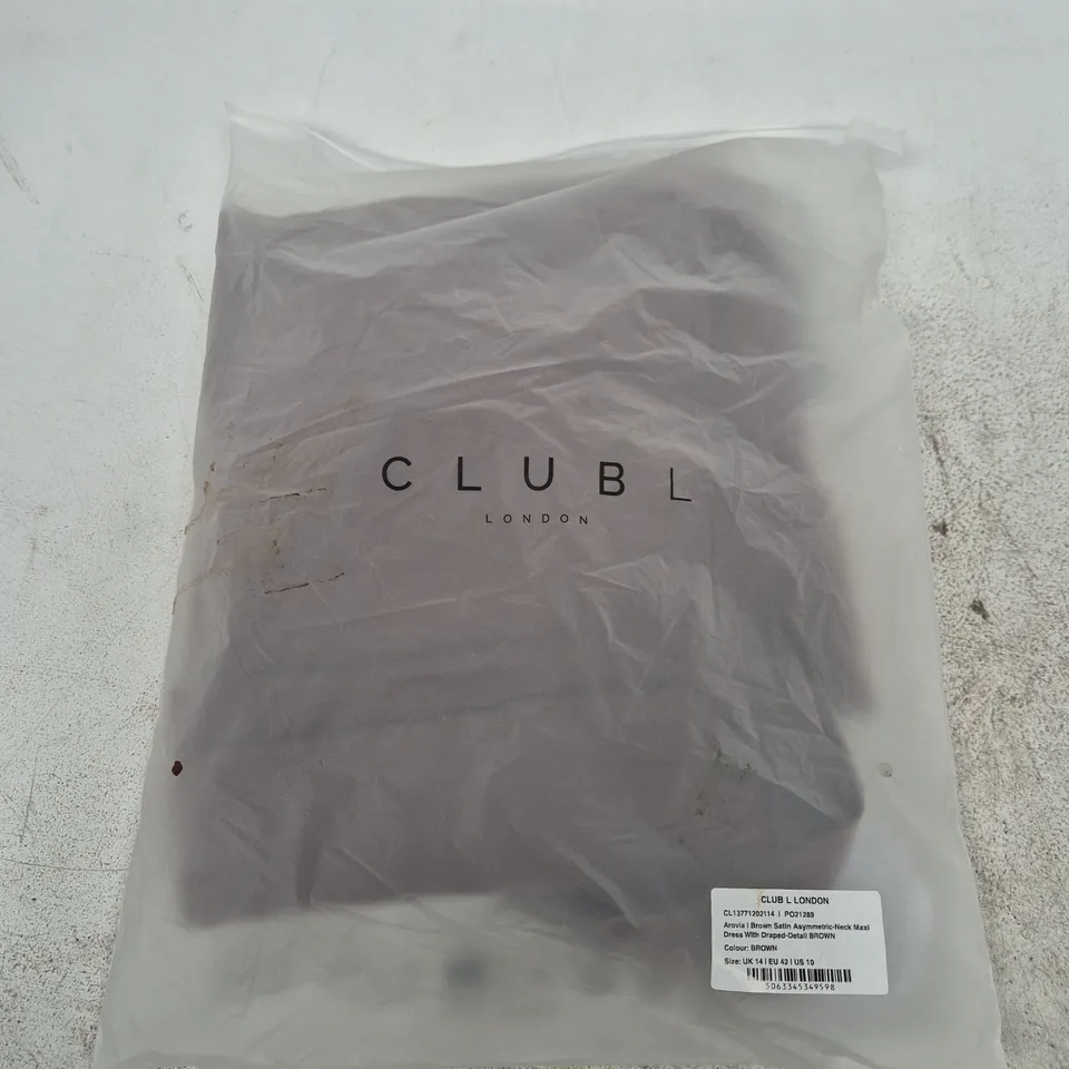 BAGGED CLUB L AROVIA BROWN SATIN ASYMMETRIC-NECK MAXI DRESS WITH DRAPED-DETAIL – UK 14 (EU 42 | US 10)