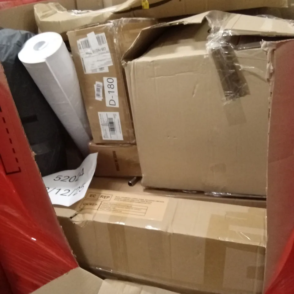 PALLET OF ASSORTED HOUSEHOLD GOODS AND PRODUCTS TO INCLUDE; HOLLYWOOD MAKEUP MIRROR, BADMINTON RACKET, CUTTING MAT ETC