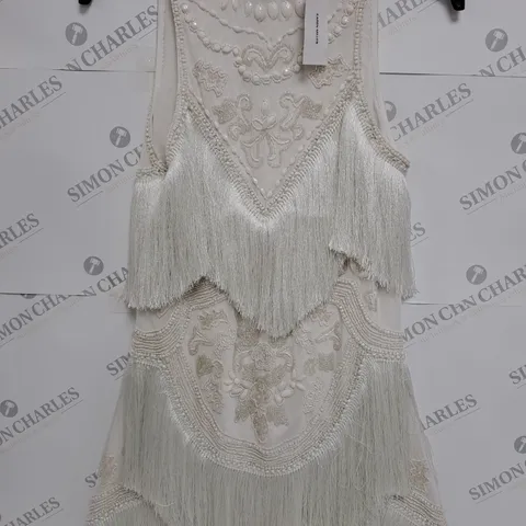 KAREN MILLEN FRINGE AND BEADED HALTER NECK MINI DRESS IN IVORY - 8