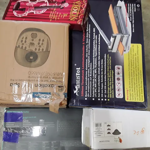 PALLET TO CONTAIN AN ASSORTMENT OF HOUSEHOLD ITEMS TO INCLUDE VIOLIN, LIGHT SHADES, VINYL FLOOR CUTTER AND FOOT RELAXATION SPA