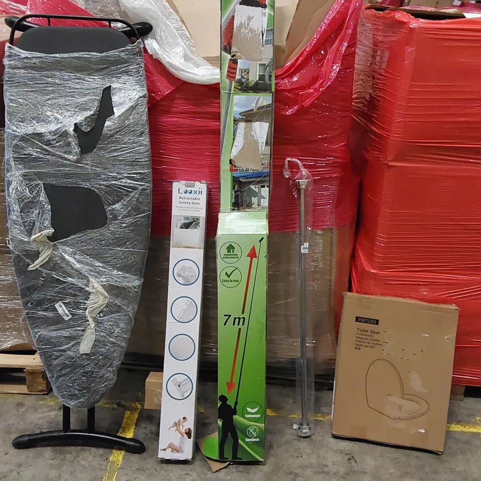 PALLET OF ASSORTED ITEMS INCLUDING: IRONING BOARD, EXTENDABLE WATER BRUSH, RETRACTABLE SAFETY GATE, TOILET SEAT, TELESCOPIC CURTAIN RAIL 