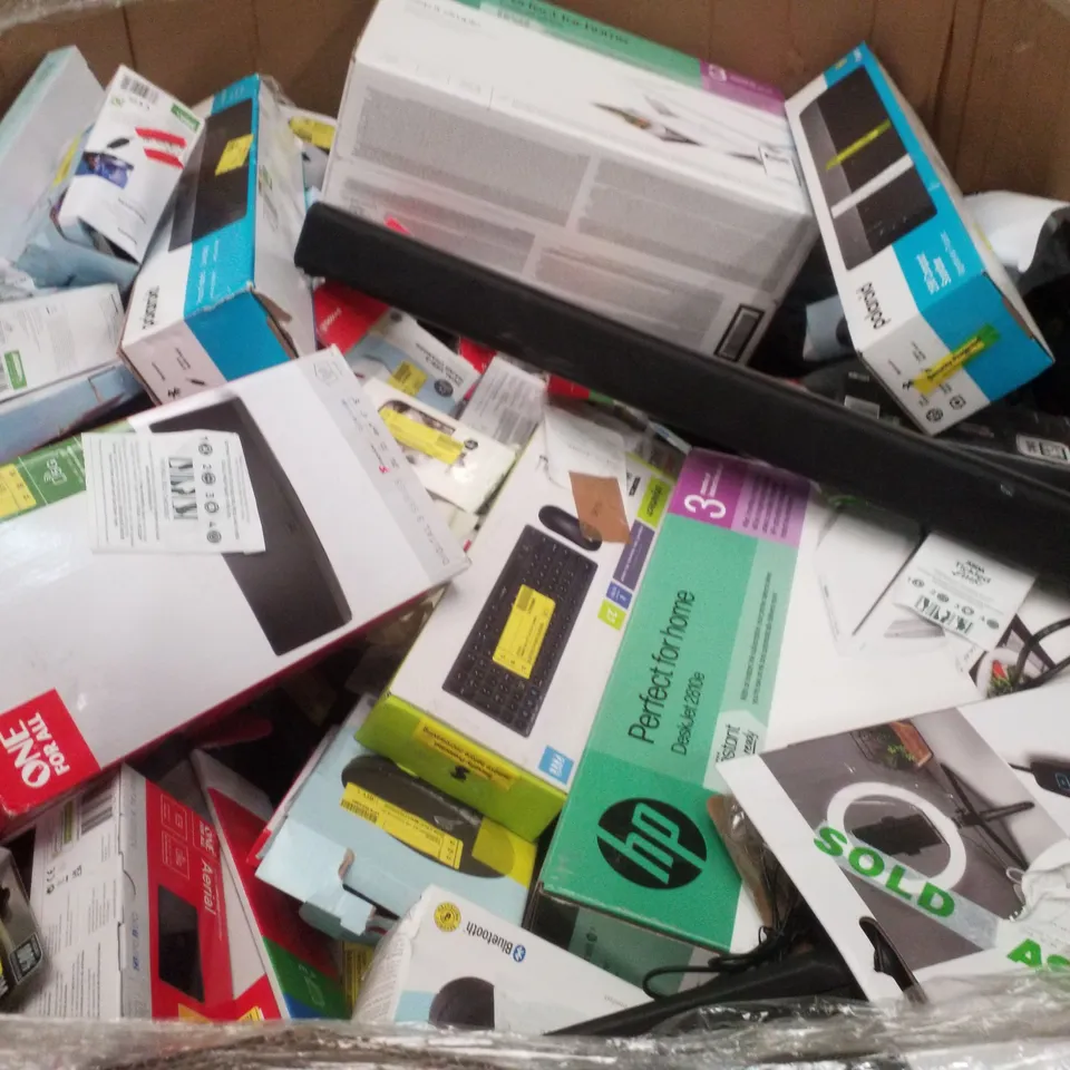 PALLET CONTAINING ASSORTED ELECTRICAL RETURNS INCLUDING HP DESKJET2810E PRINTER, POLAROID 120W SOUNDBAR, WIRELESS KEYBOARD, AERIAL, BLUETOOTH NECKBAND, GAMING KIT
