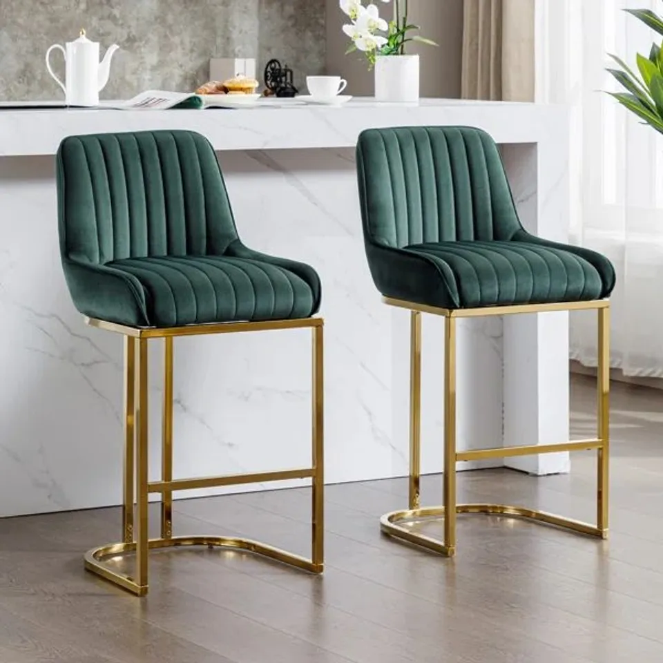 BOXED VELVET BAR STOOL SET WITH GOLD METAL FRAME, GREEN (SET OF 2)