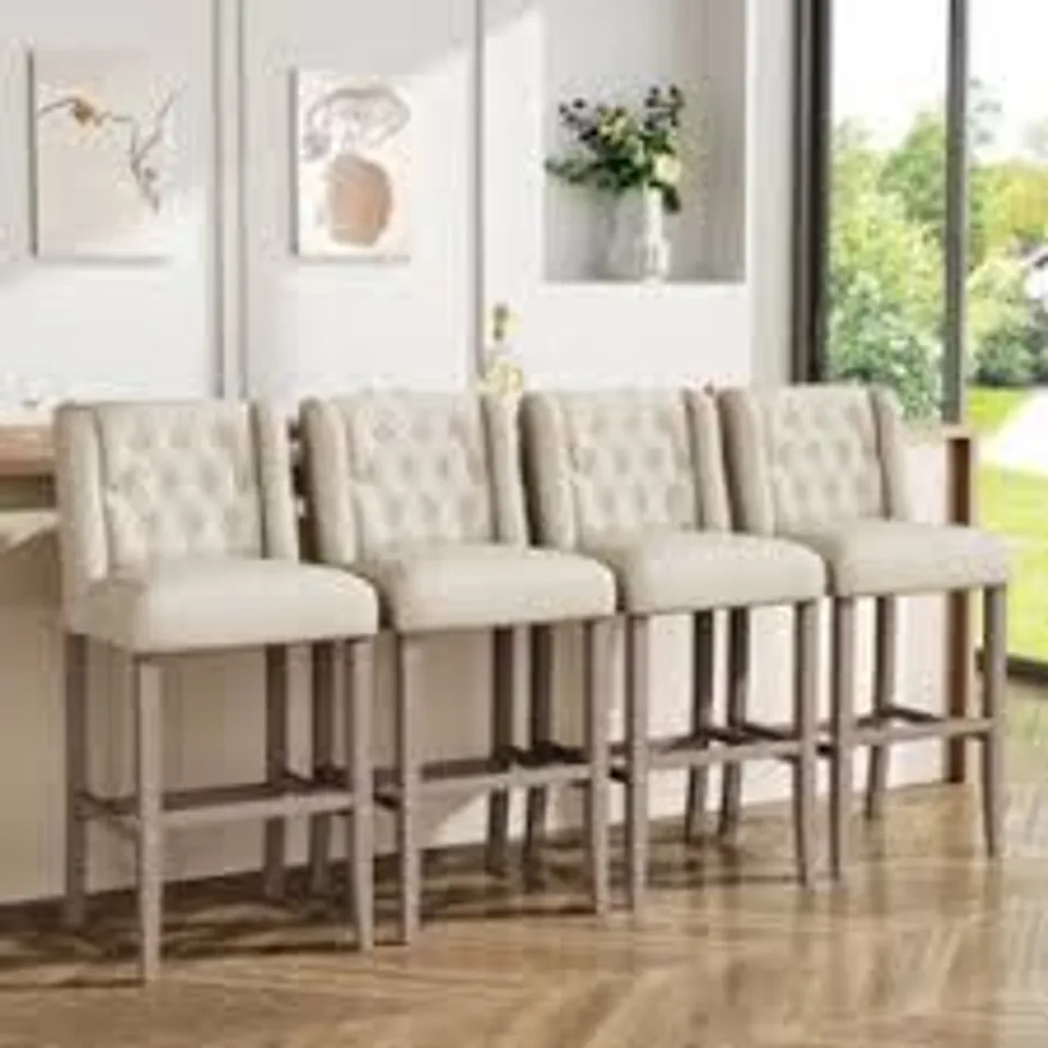BOXED SET OF 2, UPHOLSTERED 63cm COUNTER BAR STOOLS DINING CHAIRS - BEIGE (1 BOX)