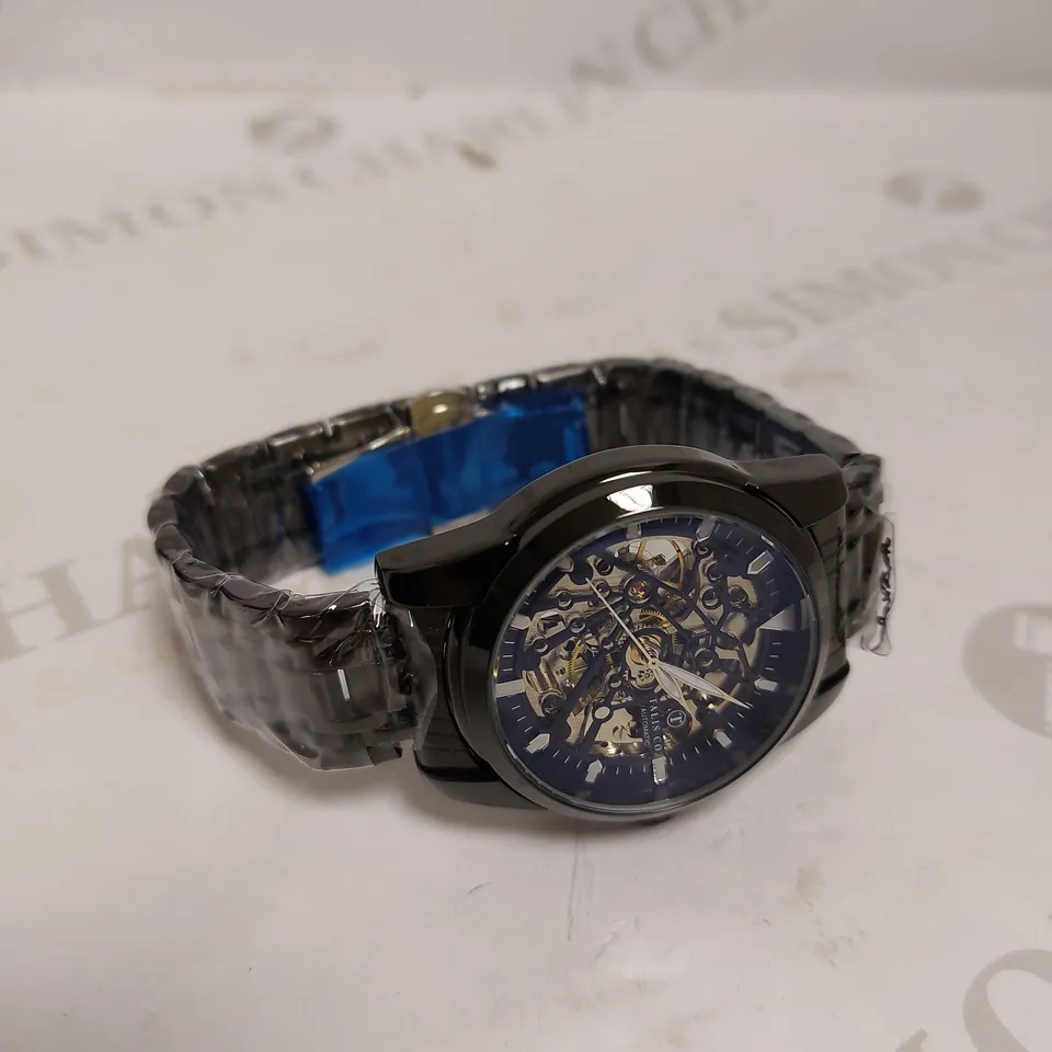 MEN’S TALIS CO 7820 AUTOMATIC WATCH – BLACK SKELETON DIAL AND CASE – STAINLESS STEEL STRAP – GLASS BACKCASE-