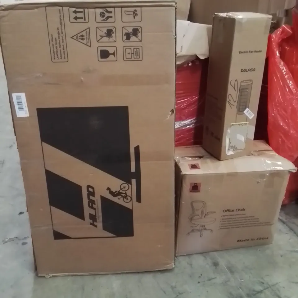 PALLET OF ASSORTED HOUSEHOLD GOODS AND PRODUCTS TO INCLUDE;WOMEN'S BIKE,OFFICE CHAIR,FAN HEATER