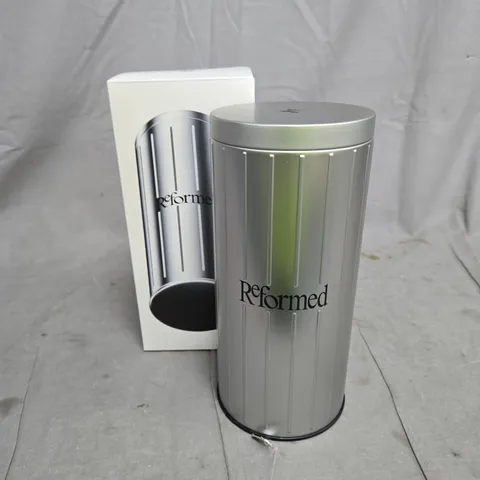 REFORMED RIBBED METAL STORAGE TIN WITH LID