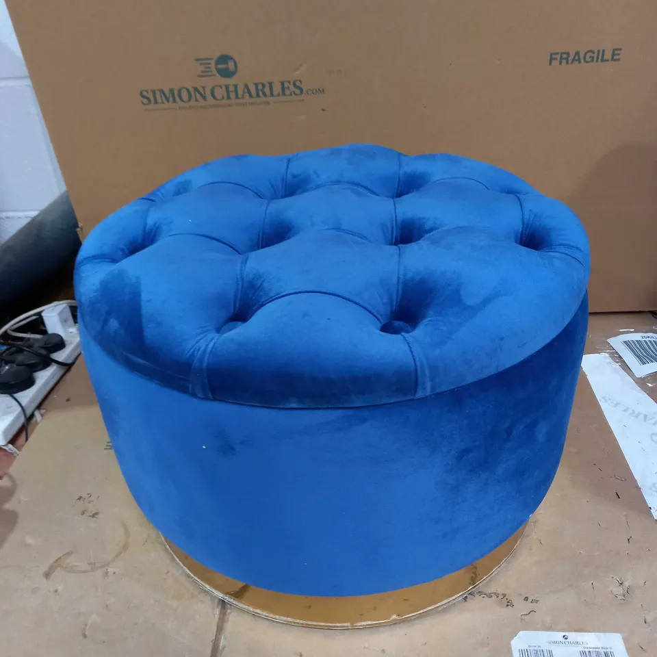 CLASSIC BLUE ROUND VELVET BUTTON STORAGE OTTOMAN