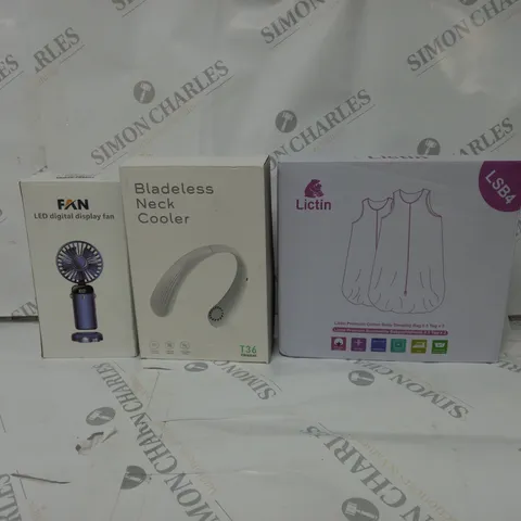 APPROXIMATELY 20 ASSORTED ITEMS TO INCLUDE LED DIGITAL DISPLAY FAN, LICTIN COTTON BABY SLEEPING BAG, BLADELESS NECK COOLER ETC.