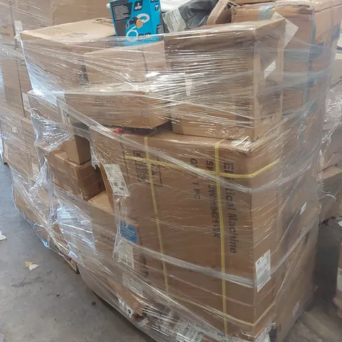 PALLET CONTAINING VARIOUS ASSORTED BOXED HOUSEHOLD ITEMS TO INCLUDE,  ELLIPTICAL MACHINE, AIR BED, BABY HIGH CHAIR, FIRE CADDY, OIL EXTRACTION PUMP AND LOTS MORE UNMARKED BOXED ITEMS 