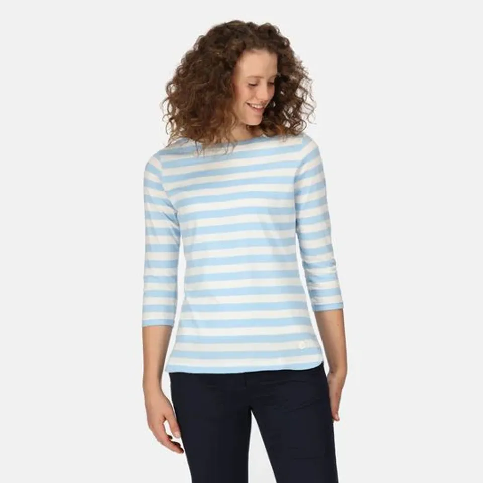 REGATTA WOMENS BAYLA 3/4 SLEEVED TOP STRIPED T SHIRT POWDER BLUE SIZE 16