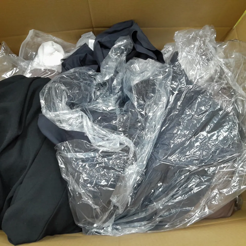 BOX OF APPROXIMATELY 25 ASSORTED CLOTHING ITEMS TO INCUDE - TROUSERS , SKIRT , JUMPER , SOCKS ETC