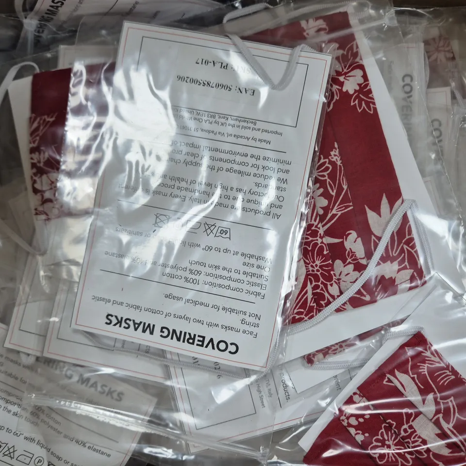 BOX OF APPROXIMATELY 150 ASSORTED UNBRANDED FACE COVERINGS AND MASKS IN VARIOUS STYLES AND COLOURS